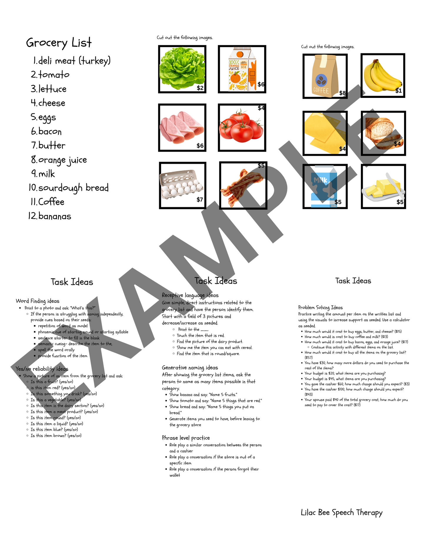 Cognitive Linguistic Activity: Grocery List (digital download)